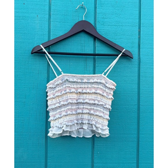 Boho Smocked Ruffle Crop Top Pom Pom Fringe Strappy White - Picture 4 of 5